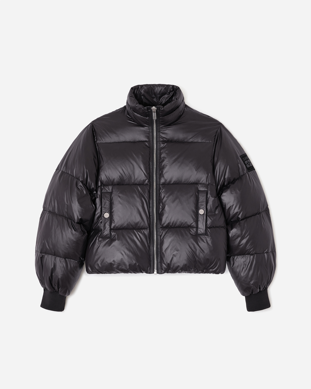 Shiny Nylon Short Puffer Jacket - Black