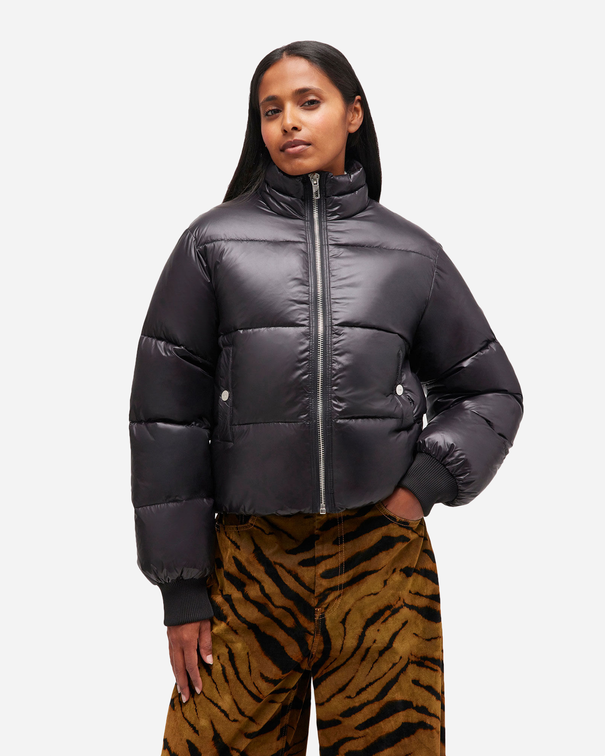 Shiny Nylon Short Puffer Jacket - Black