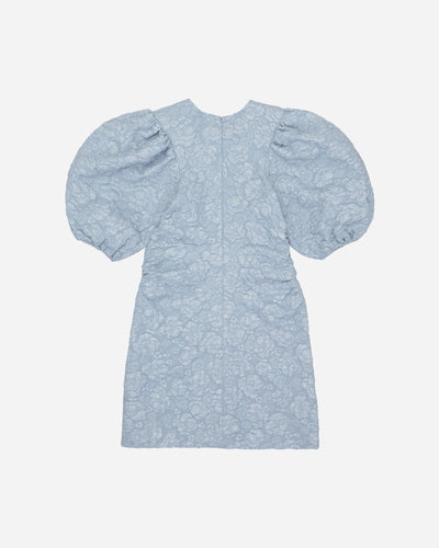 Stretch Jacquard Puff Sleeves Mini Dress - Sky Blue