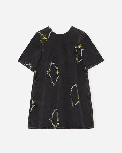 Embroidery Denim A-line Mini Dress - Washed Black/Black - Munk Store