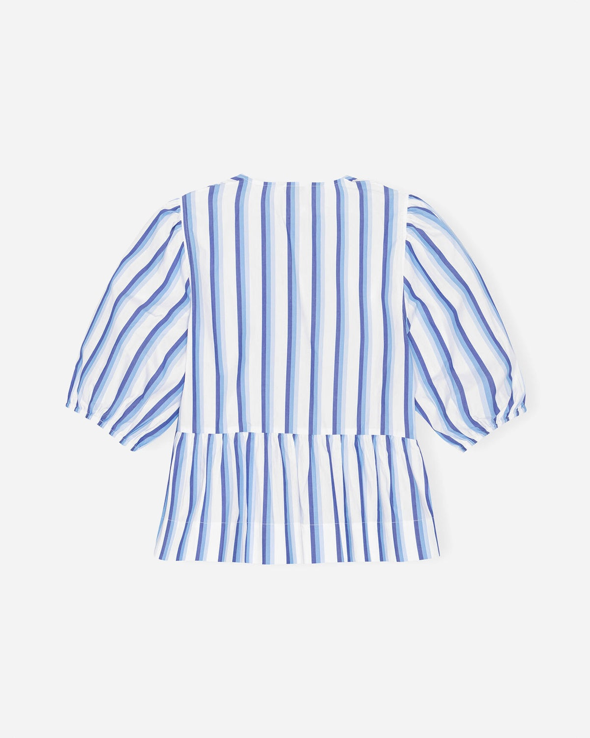 Stripe Cotton Peplum Puff Sleeve Blouse - Silver Lake Blue