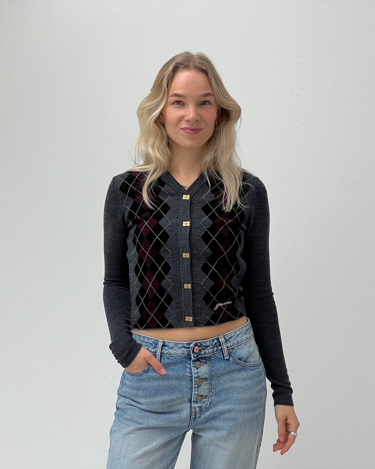 Fine Merino Jacquard Cardigan - Frost Gray